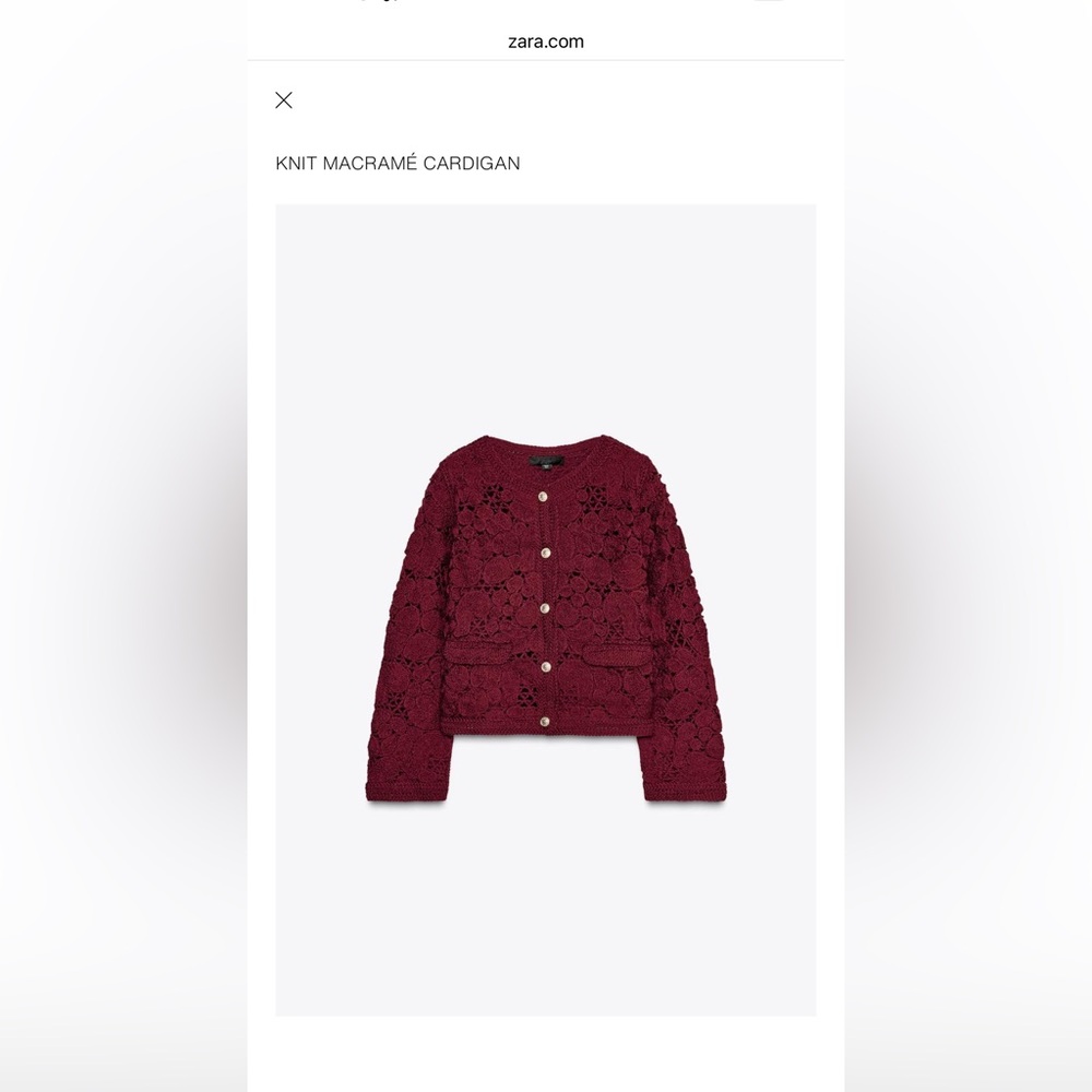 Zara knit macrame cardigan burgundy size small NWT (crochet cardigan)
